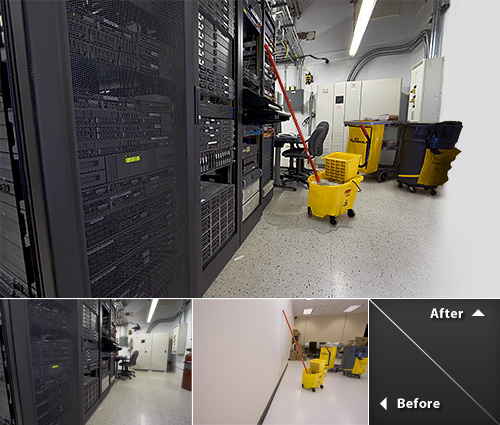 A digital composite made of Janitorial Equipment crowded in a server room.